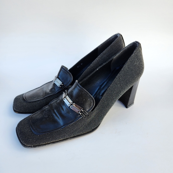 Stuart Weitzman Vintage '90s Tweed & Leather Block Heel Loafers - Picture 3 of 8